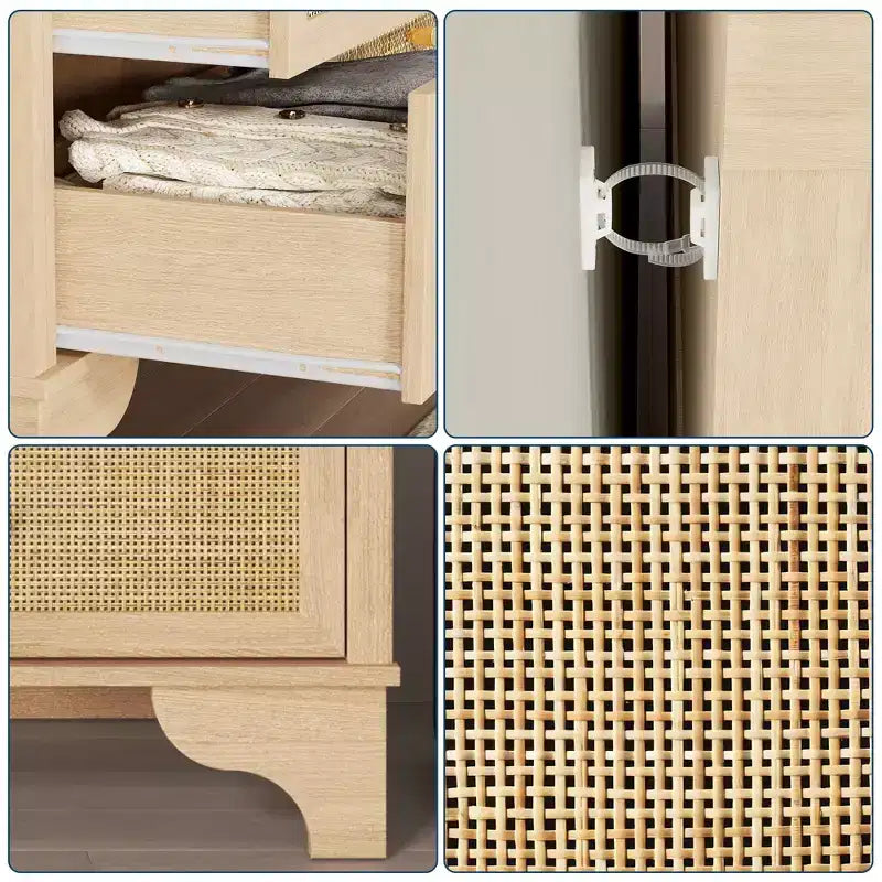 Commode à 7 tiroirs, en rotin naturel, commode et chiffonnier modernes en bois pour chambre à coucher, large commode de rangement avec tiroirs profonds