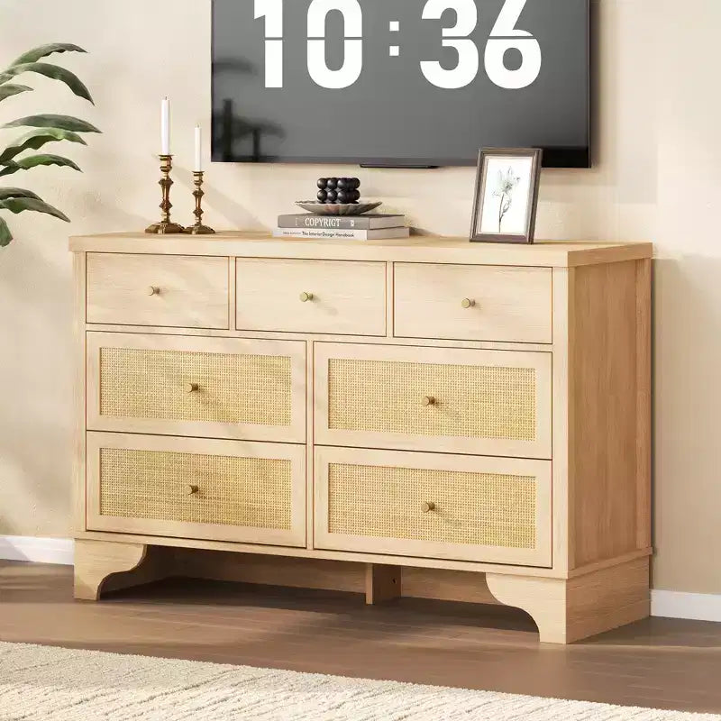 Commode à 7 tiroirs, en rotin naturel, commode et chiffonnier modernes en bois pour chambre à coucher, large commode de rangement avec tiroirs profonds