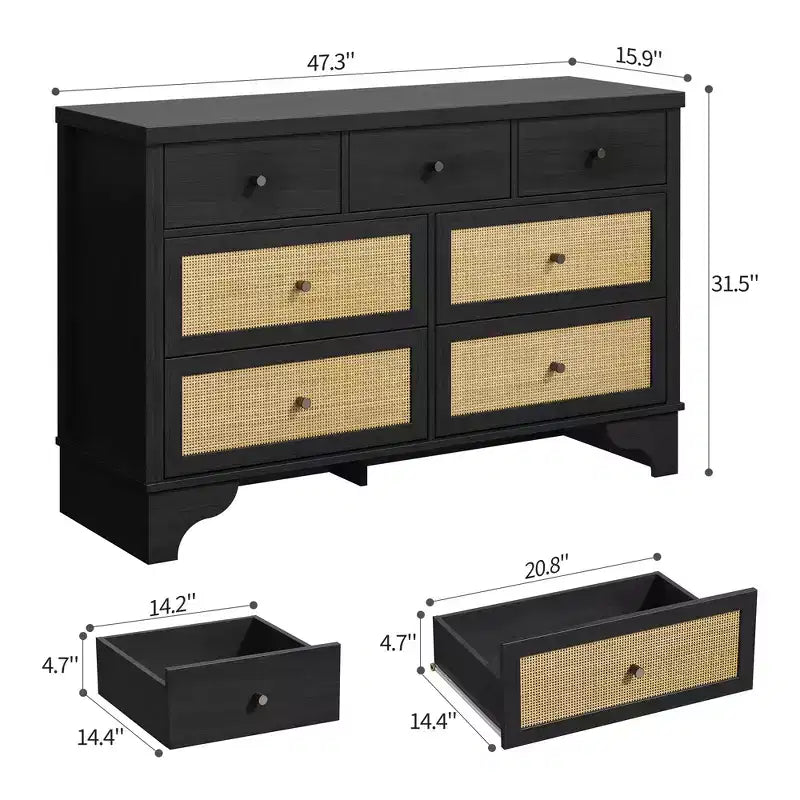 Commode à 7 tiroirs, en rotin naturel, commode et chiffonnier modernes en bois pour chambre à coucher, large commode de rangement avec tiroirs profonds