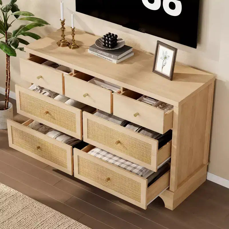 Commode à 7 tiroirs, en rotin naturel, commode et chiffonnier modernes en bois pour chambre à coucher, large commode de rangement avec tiroirs profonds