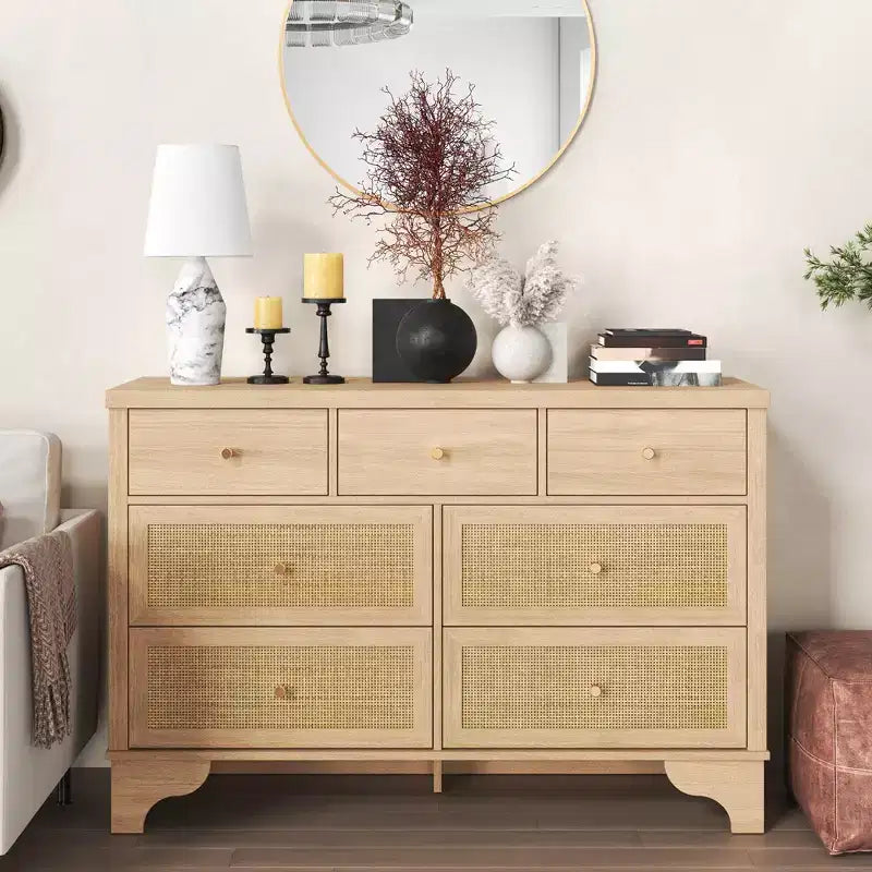 Commode à 7 tiroirs, en rotin naturel, commode et chiffonnier modernes en bois pour chambre à coucher, large commode de rangement avec tiroirs profonds