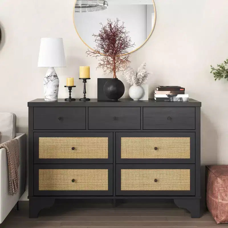 Commode à 7 tiroirs, en rotin naturel, commode et chiffonnier modernes en bois pour chambre à coucher, large commode de rangement avec tiroirs profonds