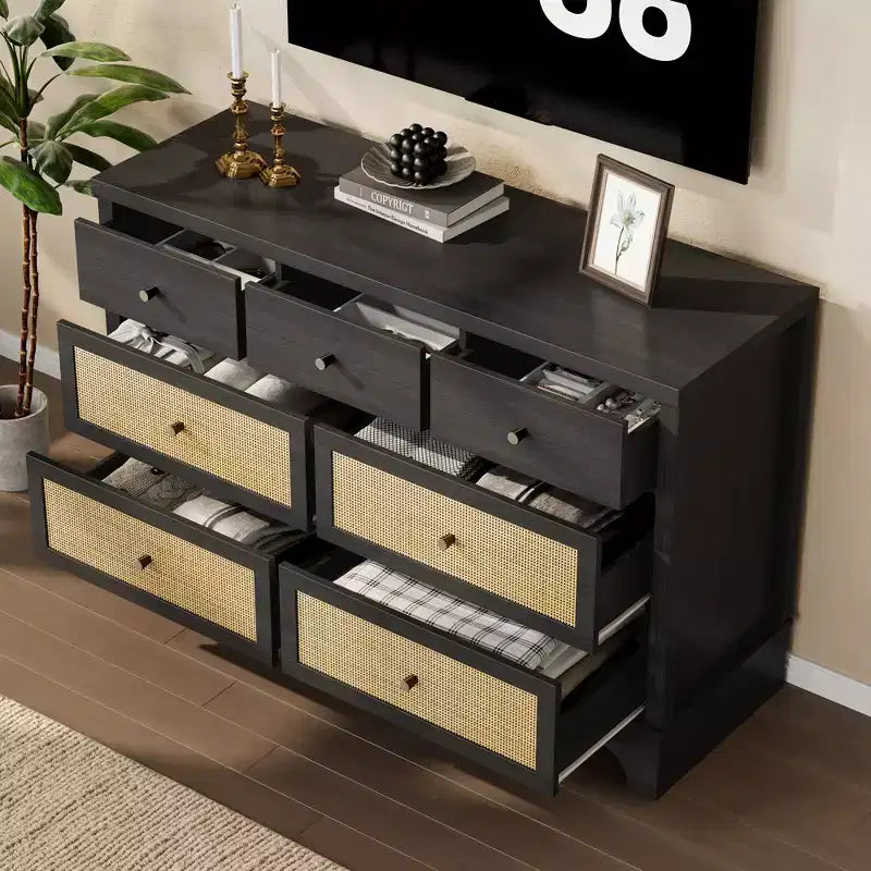 Commode à 7 tiroirs, en rotin naturel, commode et chiffonnier modernes en bois pour chambre à coucher, large commode de rangement avec tiroirs profonds