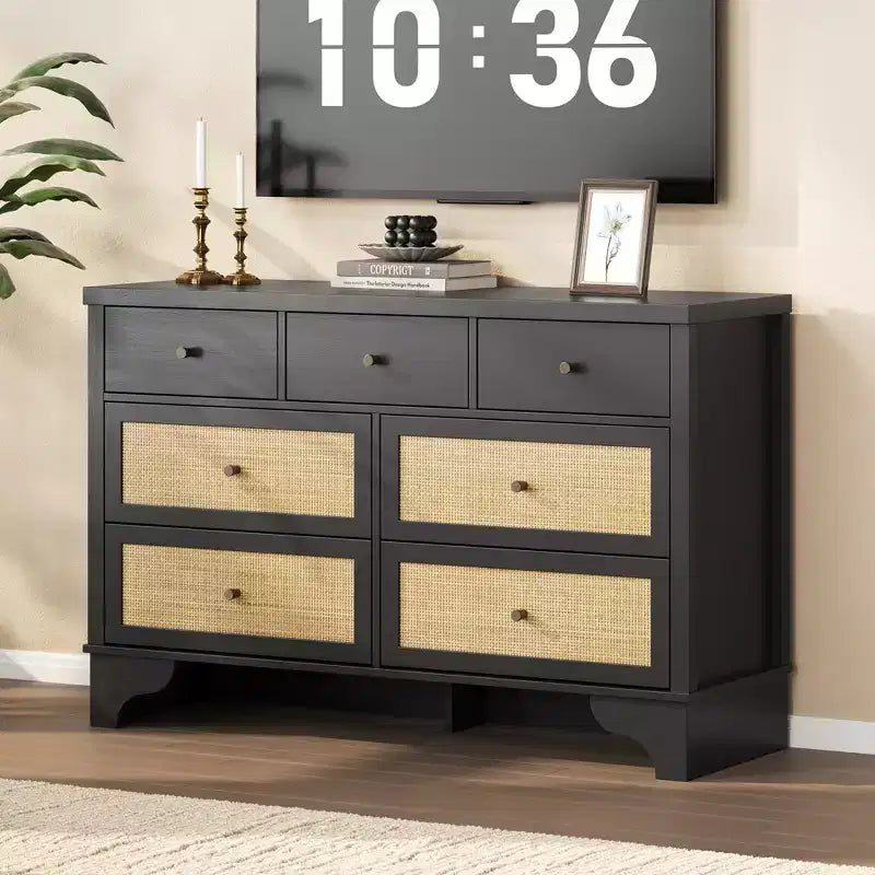Commode à 7 tiroirs, en rotin naturel, commode et chiffonnier modernes en bois pour chambre à coucher, large commode de rangement avec tiroirs profonds