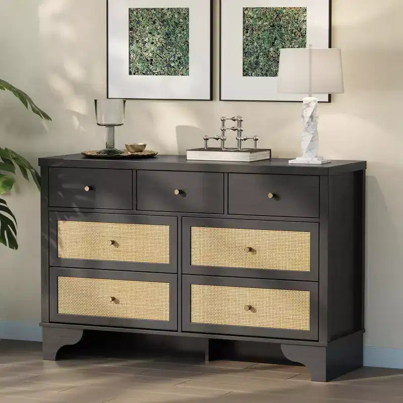 Commode à 7 tiroirs, en rotin naturel, commode et chiffonnier modernes en bois pour chambre à coucher, large commode de rangement avec tiroirs profonds