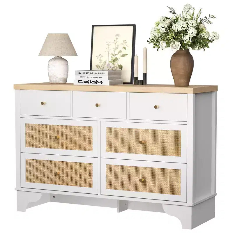Commode à 7 tiroirs, en rotin naturel, commode et chiffonnier modernes en bois pour chambre à coucher, large commode de rangement avec tiroirs profonds