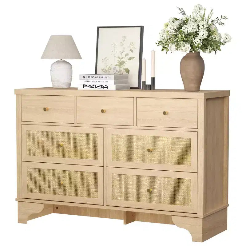 Commode à 7 tiroirs, en rotin naturel, commode et chiffonnier modernes en bois pour chambre à coucher, large commode de rangement avec tiroirs profonds