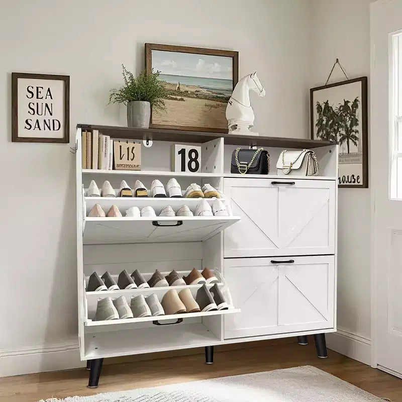 Meuble à chaussures, organiseur de chaussures rabattable à 4 portes avec tiroirs et étagères réglables, meuble de rangement pour chaussures autoportant pour salon, couloir