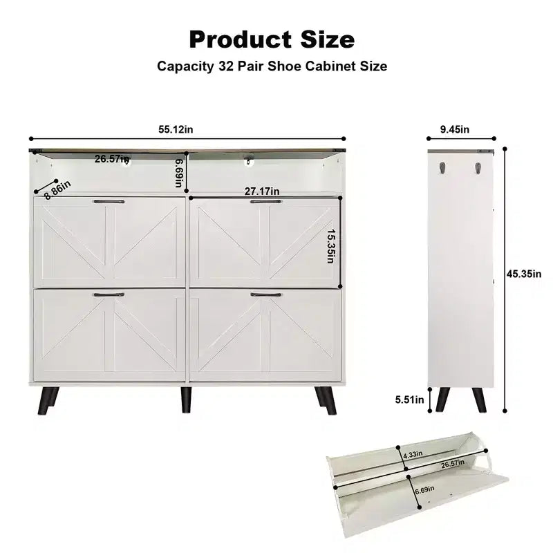 Meuble à chaussures, organiseur de chaussures rabattable à 4 portes avec tiroirs et étagères réglables, meuble de rangement pour chaussures autoportant pour salon, couloir