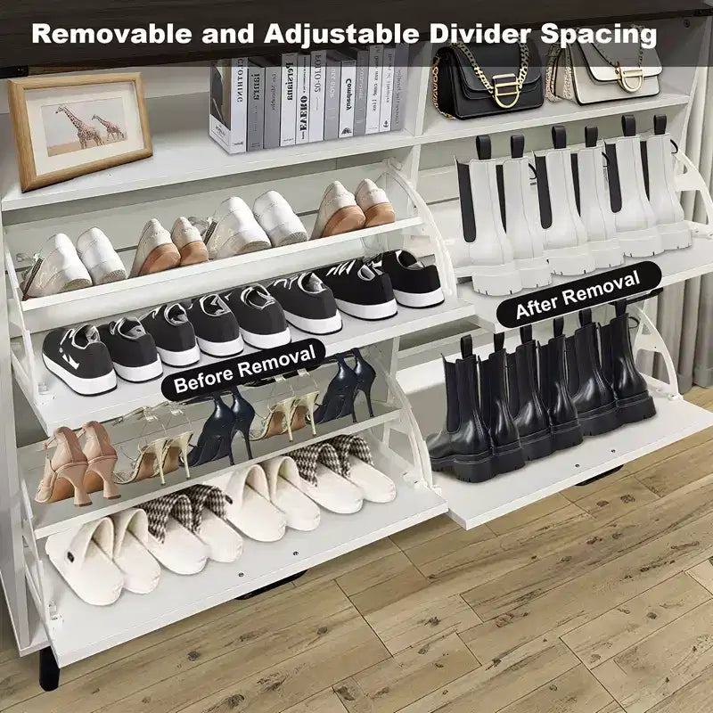 Meuble à chaussures, organiseur de chaussures rabattable à 4 portes avec tiroirs et étagères réglables, meuble de rangement pour chaussures autoportant pour salon, couloir