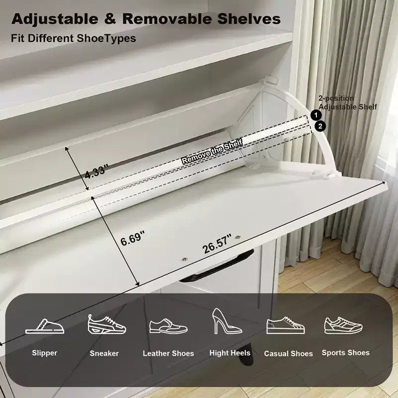 Meuble à chaussures, organiseur de chaussures rabattable à 4 portes avec tiroirs et étagères réglables, meuble de rangement pour chaussures autoportant pour salon, couloir
