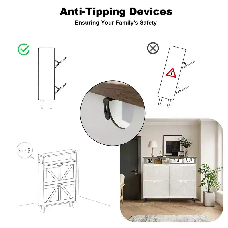 Meuble à chaussures, organiseur de chaussures rabattable à 4 portes avec tiroirs et étagères réglables, meuble de rangement pour chaussures autoportant pour salon, couloir