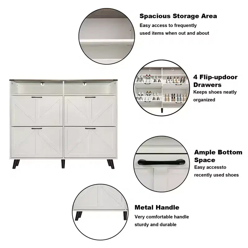 Meuble à chaussures, organiseur de chaussures rabattable à 4 portes avec tiroirs et étagères réglables, meuble de rangement pour chaussures autoportant pour salon, couloir