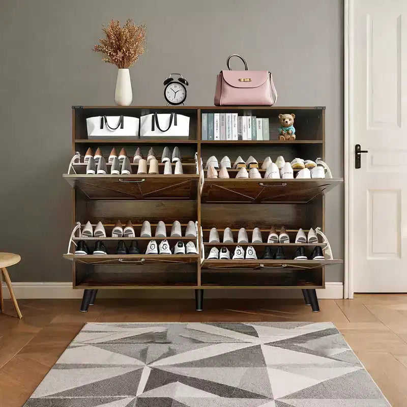 Meuble à chaussures, organiseur de chaussures rabattable à 4 portes avec tiroirs et étagères réglables, meuble de rangement pour chaussures autoportant pour salon, couloir
