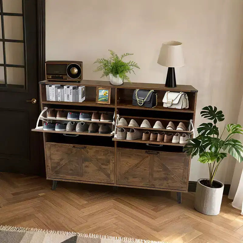 Meuble à chaussures, organiseur de chaussures rabattable à 4 portes avec tiroirs et étagères réglables, meuble de rangement pour chaussures autoportant pour salon, couloir