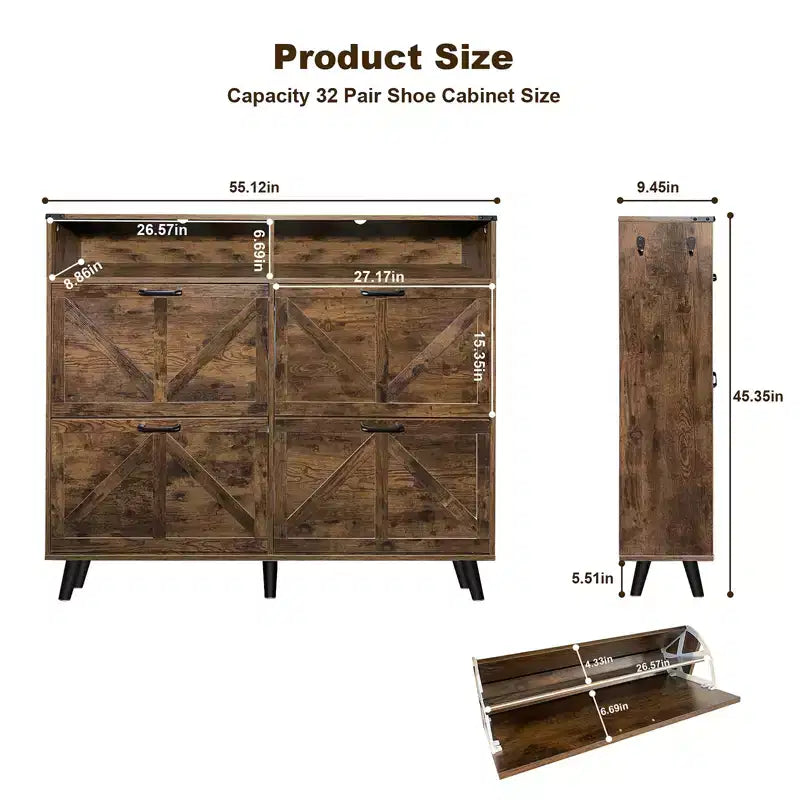 Meuble à chaussures, organiseur de chaussures rabattable à 4 portes avec tiroirs et étagères réglables, meuble de rangement pour chaussures autoportant pour salon, couloir