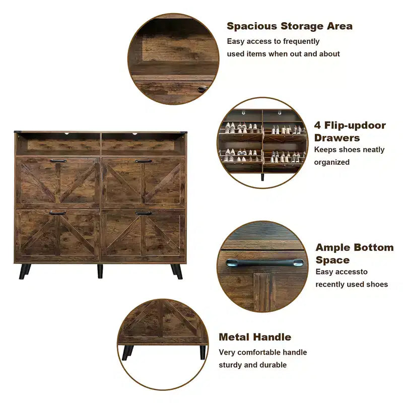 Meuble à chaussures, organiseur de chaussures rabattable à 4 portes avec tiroirs et étagères réglables, meuble de rangement pour chaussures autoportant pour salon, couloir