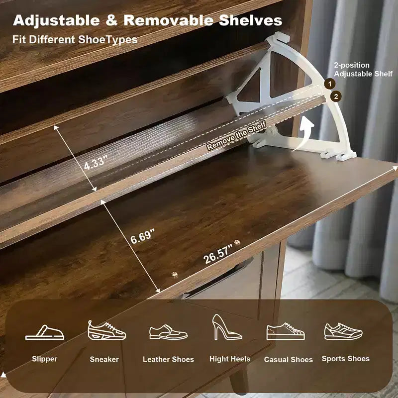Meuble à chaussures, organiseur de chaussures rabattable à 4 portes avec tiroirs et étagères réglables, meuble de rangement pour chaussures autoportant pour salon, couloir