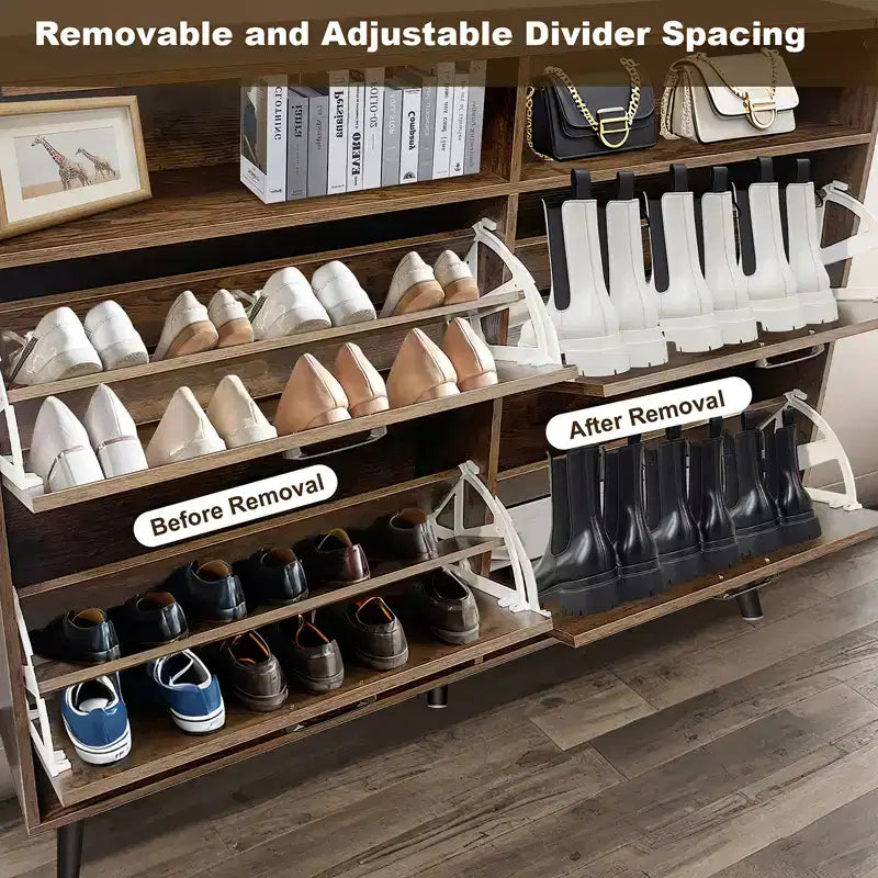 Meuble à chaussures, organiseur de chaussures rabattable à 4 portes avec tiroirs et étagères réglables, meuble de rangement pour chaussures autoportant pour salon, couloir