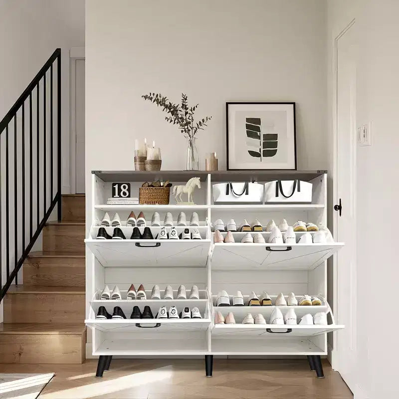 Meuble à chaussures, organiseur de chaussures rabattable à 4 portes avec tiroirs et étagères réglables, meuble de rangement pour chaussures autoportant pour salon, couloir