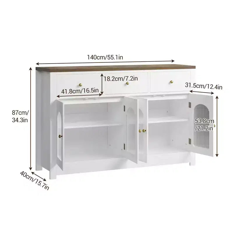 Buffet enfilade de 140 cm, meuble bar à café en bois avec porte vitrée et 3 tiroirs, console média moderne, meuble de rangement de cuisine