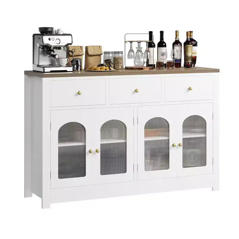 Buffet enfilade de 140 cm, meuble bar à café en bois avec porte vitrée et 3 tiroirs, console média moderne, meuble de rangement de cuisine