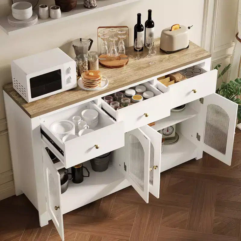 Buffet enfilade de 140 cm, meuble bar à café en bois avec porte vitrée et 3 tiroirs, console média moderne, meuble de rangement de cuisine