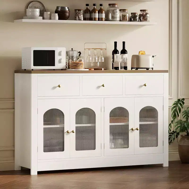 Buffet enfilade de 140 cm, meuble bar à café en bois avec porte vitrée et 3 tiroirs, console média moderne, meuble de rangement de cuisine