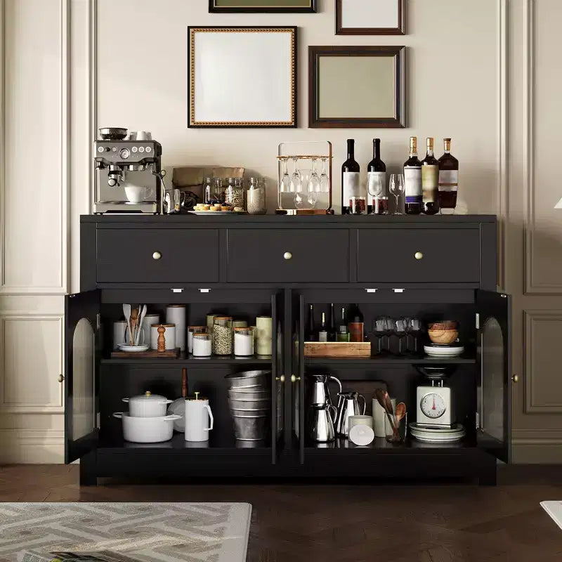 Buffet enfilade de 140 cm, meuble bar à café en bois avec porte vitrée et 3 tiroirs, console média moderne, meuble de rangement de cuisine