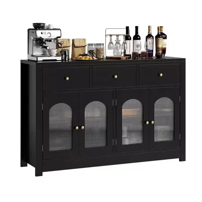 Buffet enfilade de 140 cm, meuble bar à café en bois avec porte vitrée et 3 tiroirs, console média moderne, meuble de rangement de cuisine