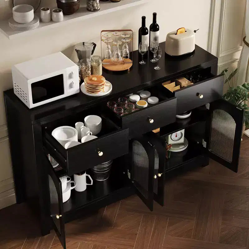 Buffet enfilade de 140 cm, meuble bar à café en bois avec porte vitrée et 3 tiroirs, console média moderne, meuble de rangement de cuisine