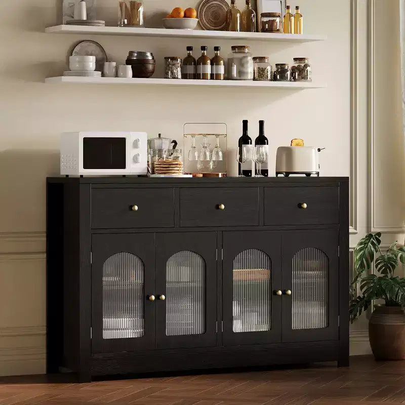 Buffet enfilade de 140 cm, meuble bar à café en bois avec porte vitrée et 3 tiroirs, console média moderne, meuble de rangement de cuisine