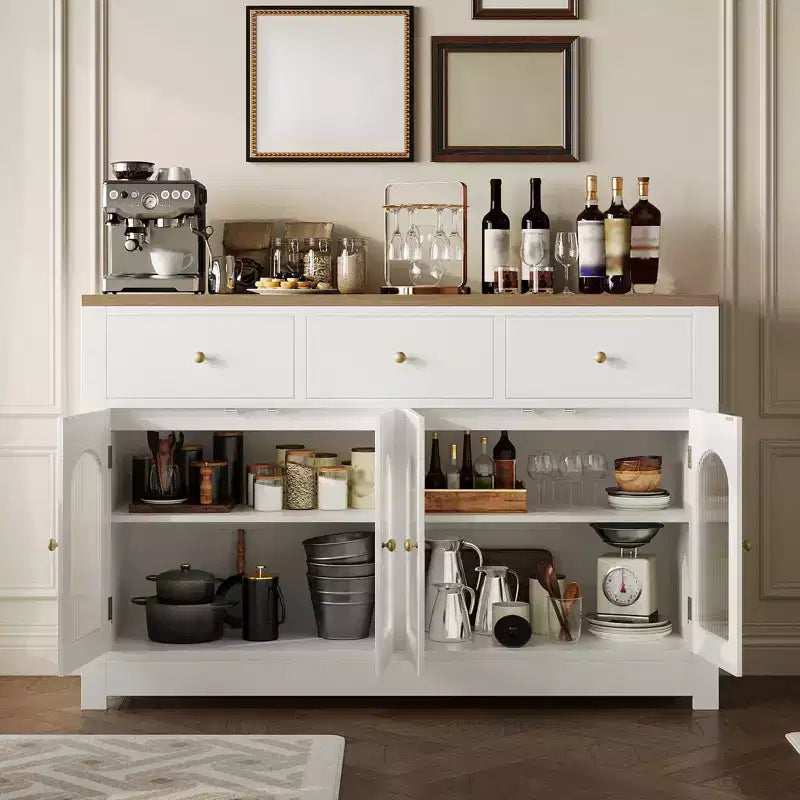 Buffet enfilade de 140 cm, meuble bar à café en bois avec porte vitrée et 3 tiroirs, console média moderne, meuble de rangement de cuisine