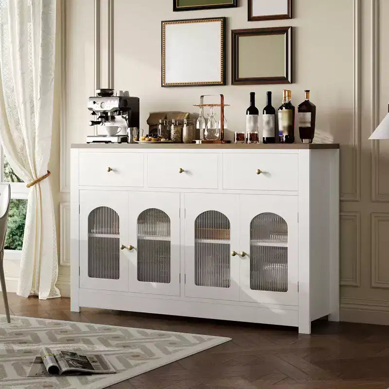 Buffet enfilade de 140 cm, meuble bar à café en bois avec porte vitrée et 3 tiroirs, console média moderne, meuble de rangement de cuisine