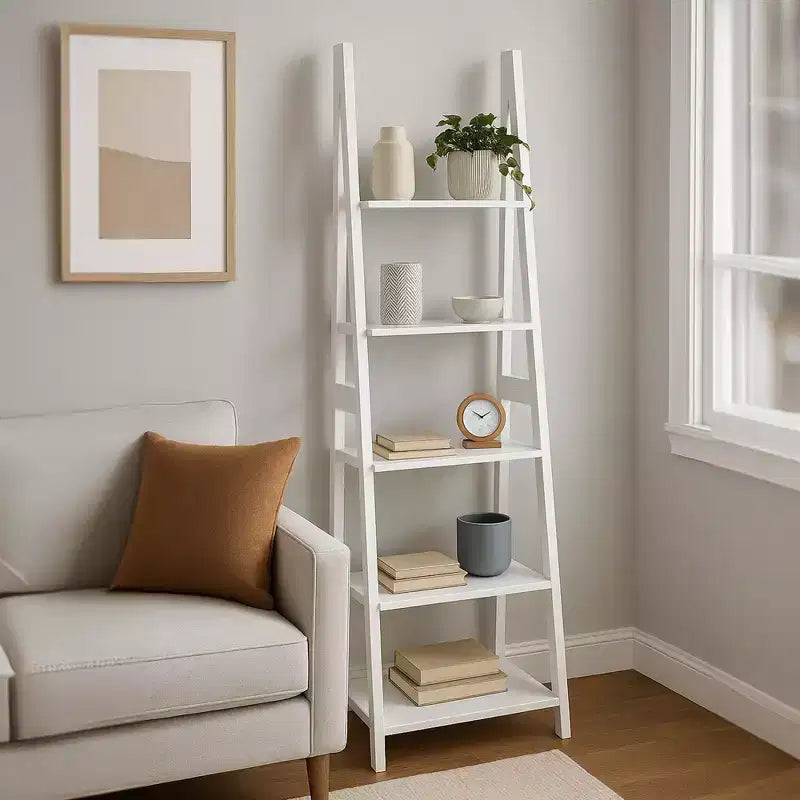 Étagère échelle à 5 niveaux, meuble de rangement en bois pour livres et objets de décoration, pour salon, bureau, usage intérieur, blanc