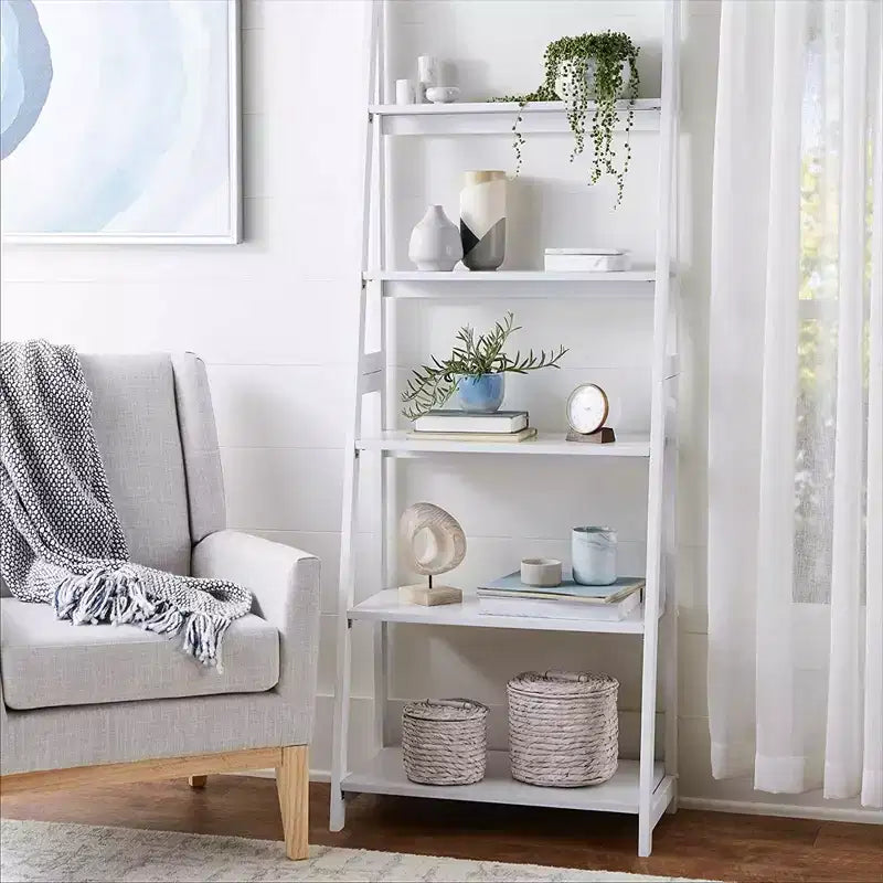 Étagère échelle à 5 niveaux, meuble de rangement en bois pour livres et objets de décoration, pour salon, bureau, usage intérieur, blanc