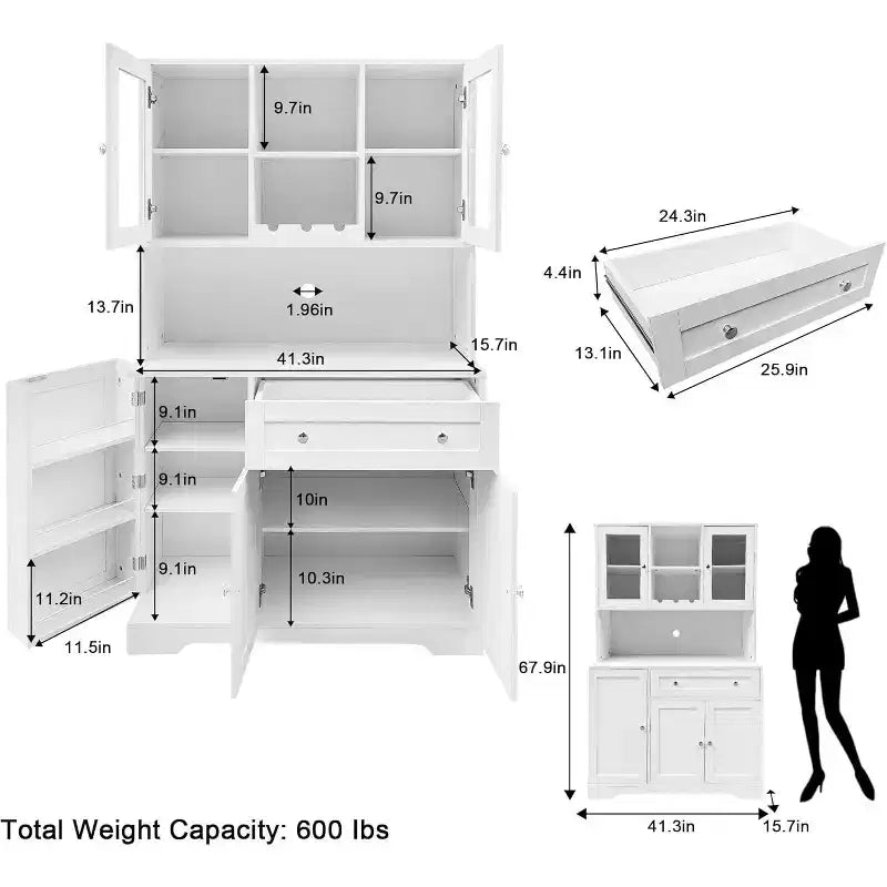 Meuble de cuisine de 180 cm de haut avec tiroir, plan de travail ouvert et vitrine