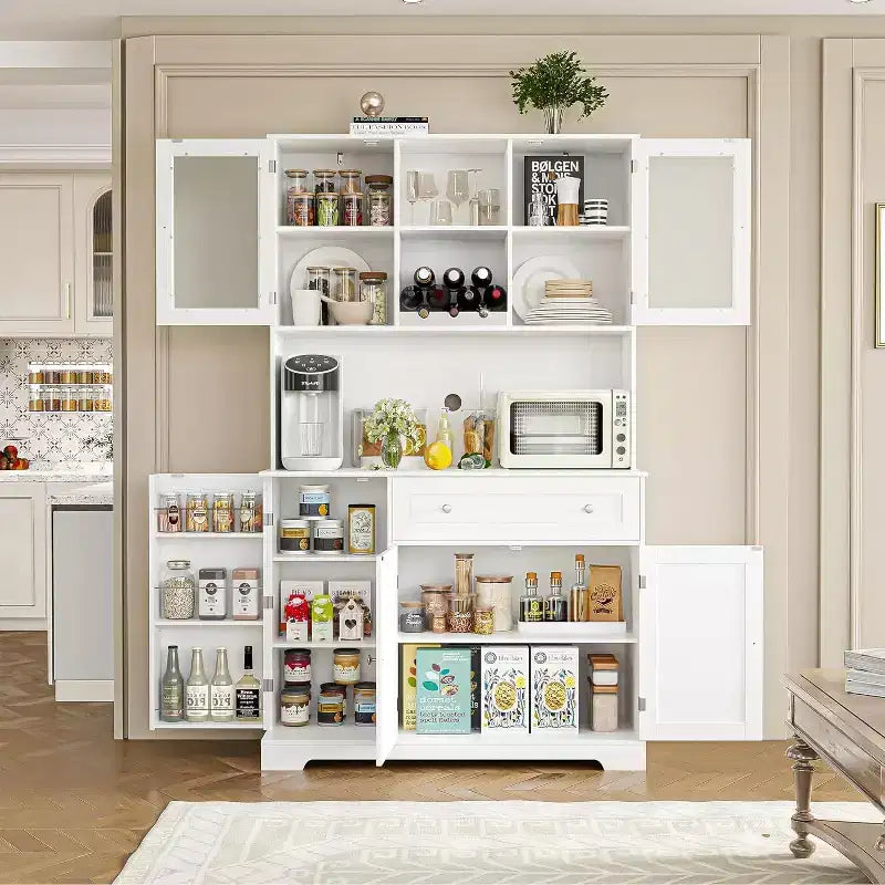 Meuble de cuisine de 180 cm de haut avec tiroir, plan de travail ouvert et vitrine