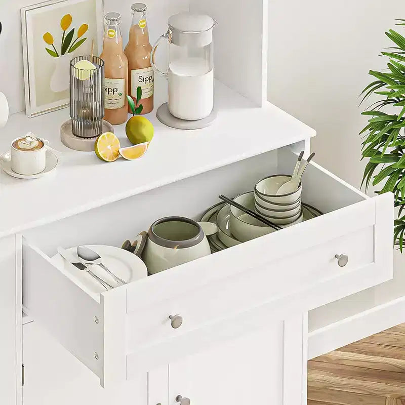 Meuble de cuisine de 180 cm de haut avec tiroir, plan de travail ouvert et vitrine
