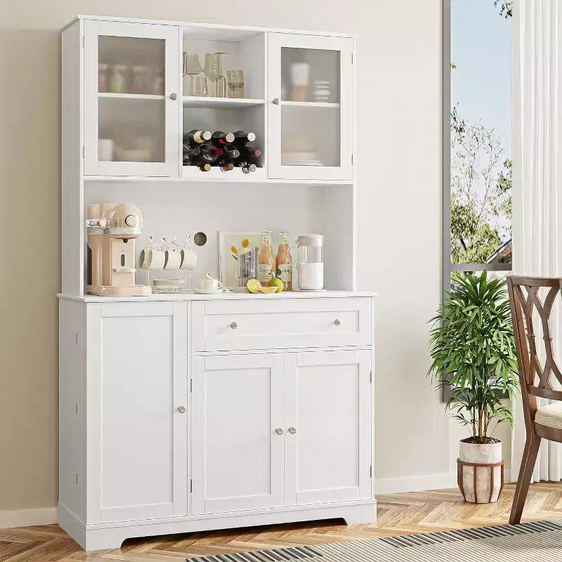 Meuble de cuisine de 180 cm de haut avec tiroir, plan de travail ouvert et vitrine