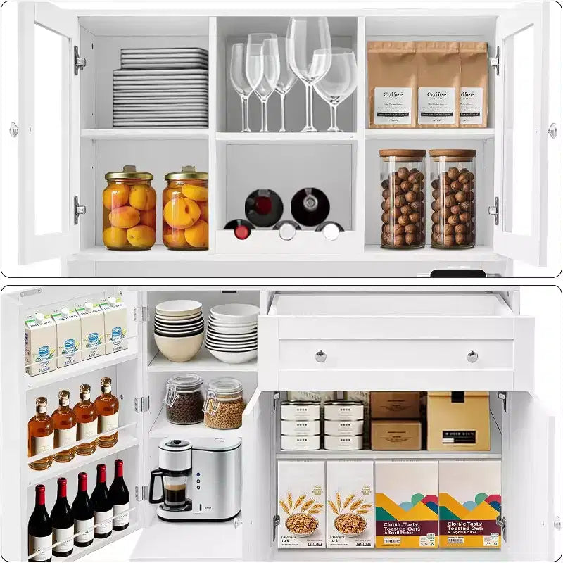 Meuble de cuisine de 180 cm de haut avec tiroir, plan de travail ouvert et vitrine