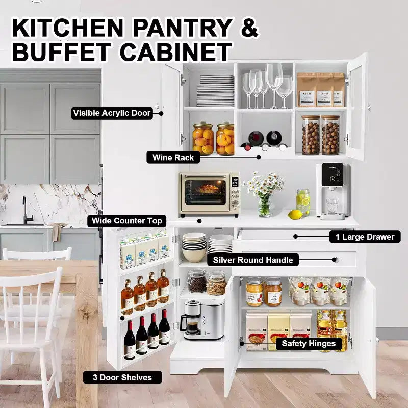 Meuble de cuisine de 180 cm de haut avec tiroir, plan de travail ouvert et vitrine