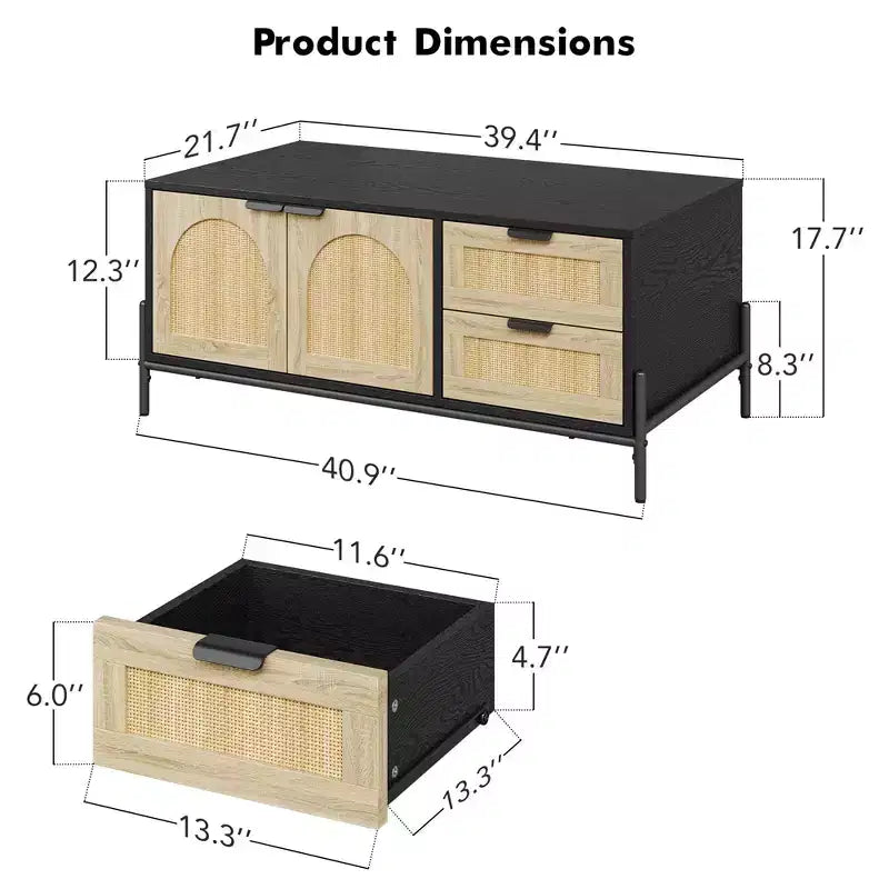 Table basse, table basse moderne de 103,9 cm avec rangement - Table de salon avec accents en rotin, 2 tiroirs/portes (pieds style ferme/métal)