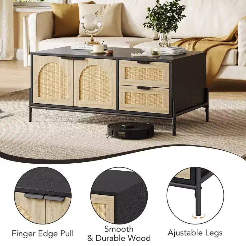 Table basse, table basse moderne de 103,9 cm avec rangement - Table de salon avec accents en rotin, 2 tiroirs/portes (pieds style ferme/métal)