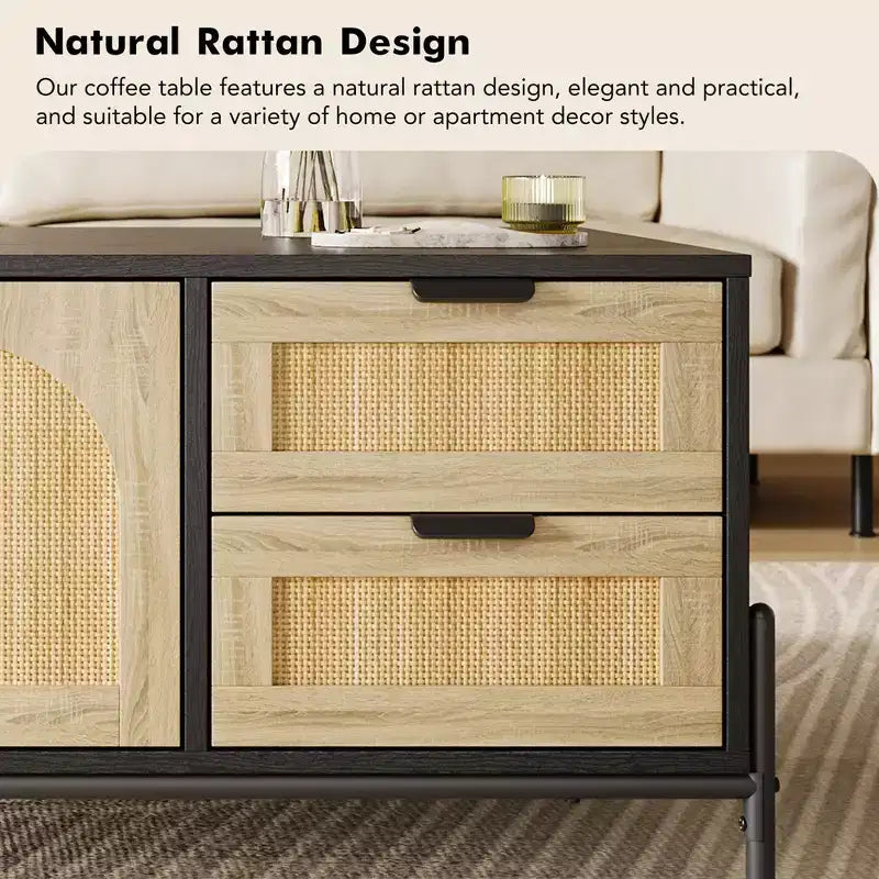 Table basse, table basse moderne de 103,9 cm avec rangement - Table de salon avec accents en rotin, 2 tiroirs/portes (pieds style ferme/métal)