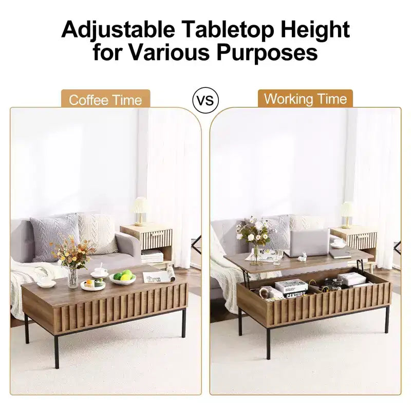 Table basse, table basse relevable avec étagère de rangement et compartiment caché - Table rectangulaire rustique moderne du milieu du siècle (salon)