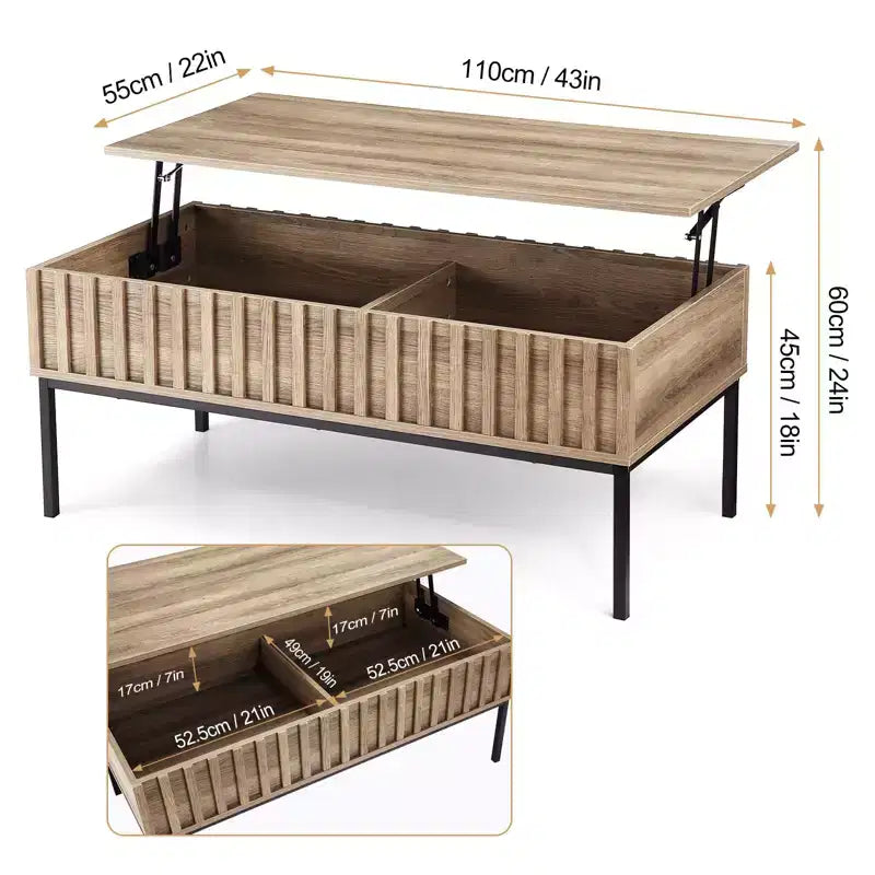 Table basse, table basse relevable avec étagère de rangement et compartiment caché - Table rectangulaire rustique moderne du milieu du siècle (salon)