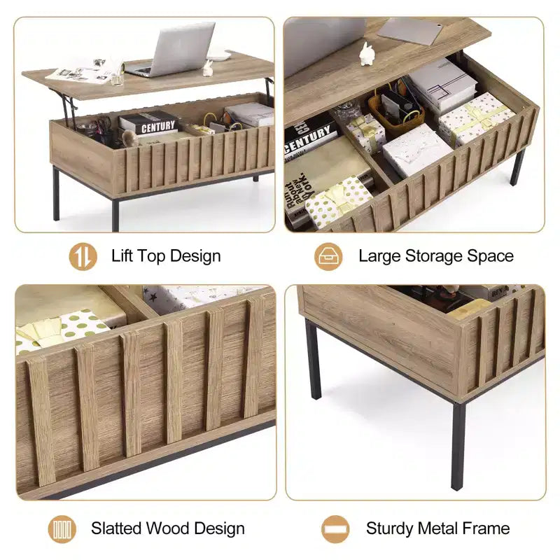 Table basse, table basse relevable avec étagère de rangement et compartiment caché - Table rectangulaire rustique moderne du milieu du siècle (salon)