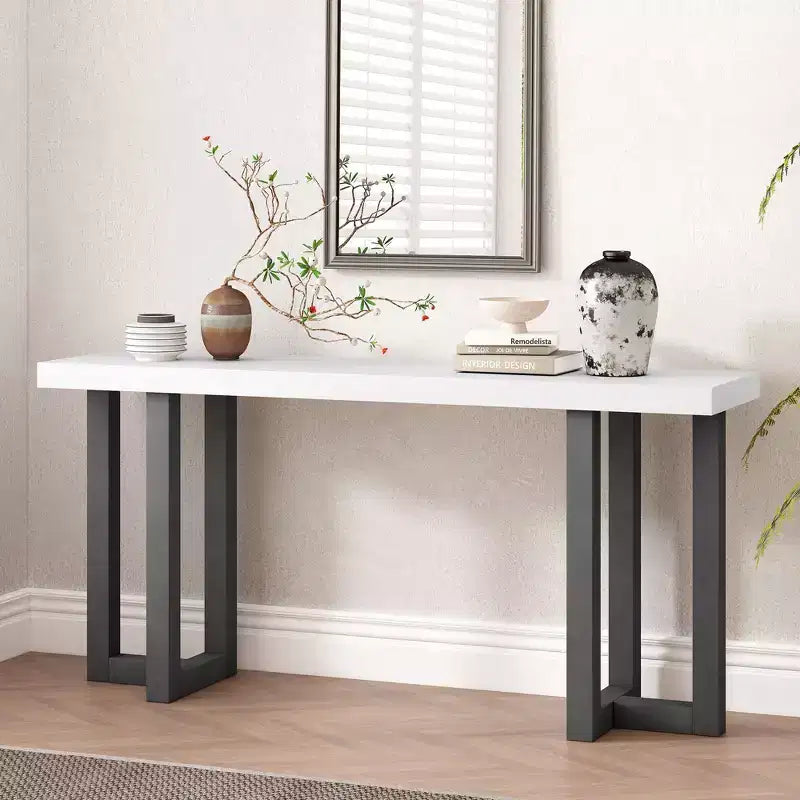 Console minimaliste de 63 pouces avec pieds en bois massif, table d'entrée élégante avec plateau épais, table de couloir pour salon, chambre à coucher