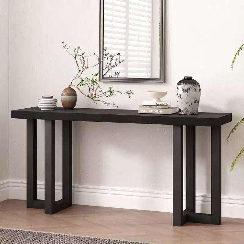 Console minimaliste de 63 pouces avec pieds en bois massif, table d'entrée élégante avec plateau épais, table de couloir pour salon, chambre à coucher